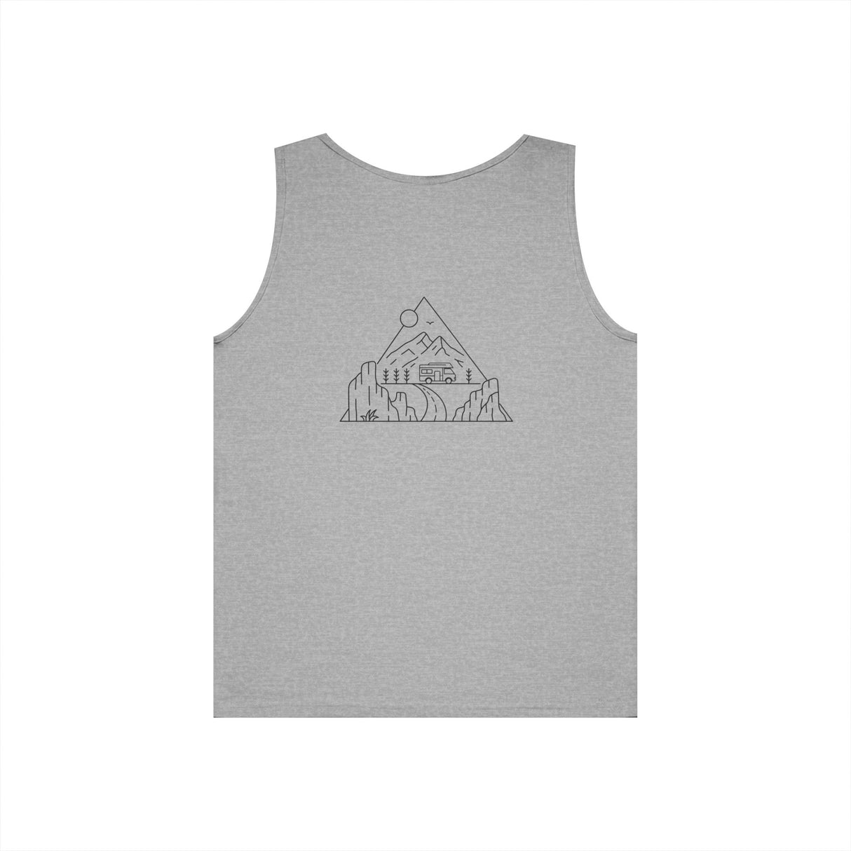 Printify Road Trip Tank Top from the Nature Series with "Nowhere to Be. Everywhere to Go." quote, casual sleeveless design.