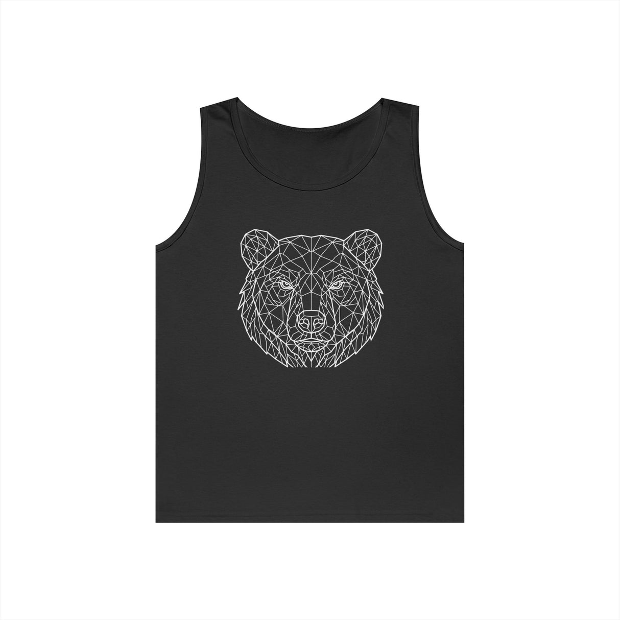 Gray Bear Tank Top from Printify featuring a geometric bear design with "Unbothered. Unmoved. Undefeated." text.