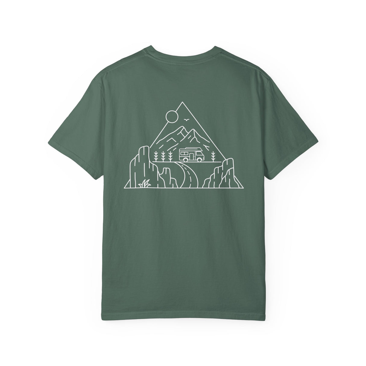 Printify Road Trip T-Shirt from the Nature Series featuring the quote "Nowhere to Be. Everywhere to Go." with a scenic outdoor design.