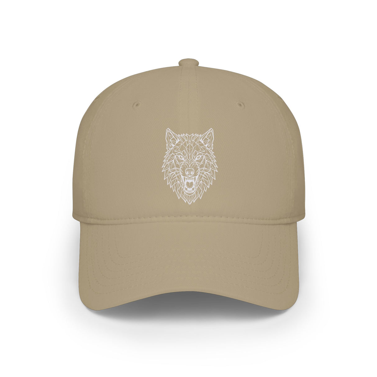 Beige cap with a white wolf design on a white background