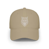 Beige cap with a white wolf design on a white background