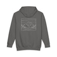 Gray hoodie with a mountain design on the back against a white background