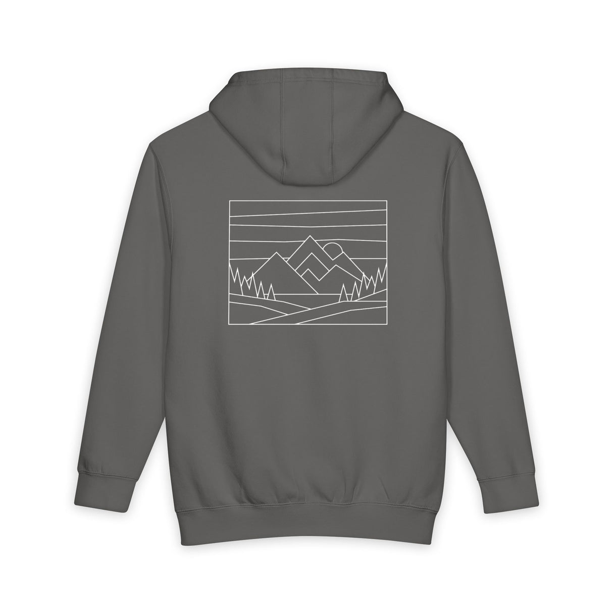 Gray hoodie with a mountain design on the back against a white background