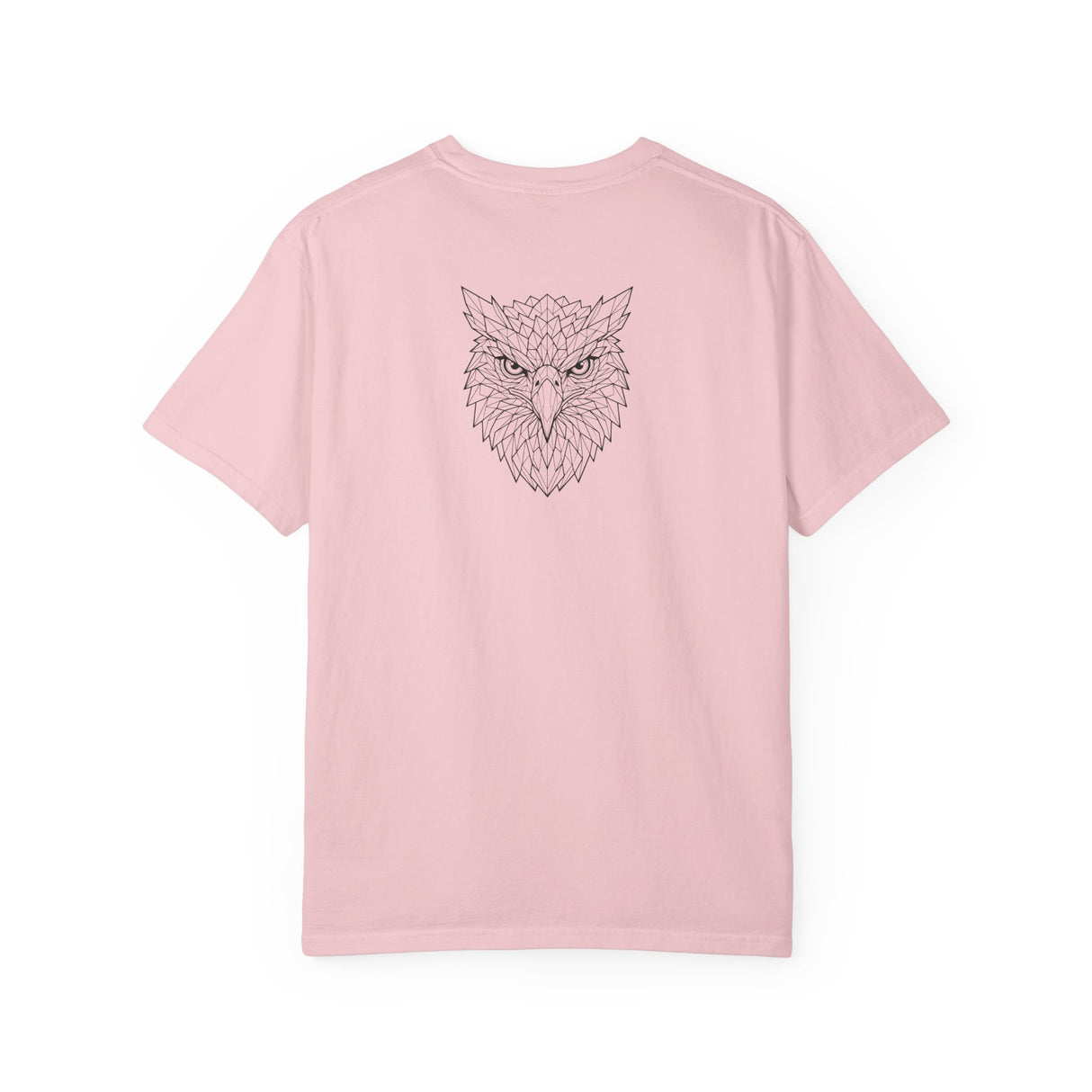 Eagle graphic t-shirt from Printify's Geometric Animal Series featuring a bold eagle design and the phrase "Rise Above Everything."
