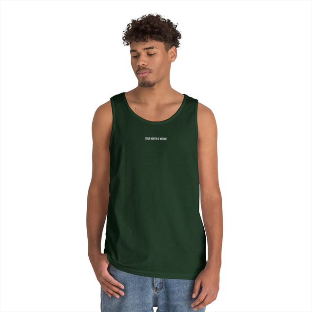 Black compass tank top from the Nature Series by Printify featuring the phrase "True North Is Within" displayed on the front.