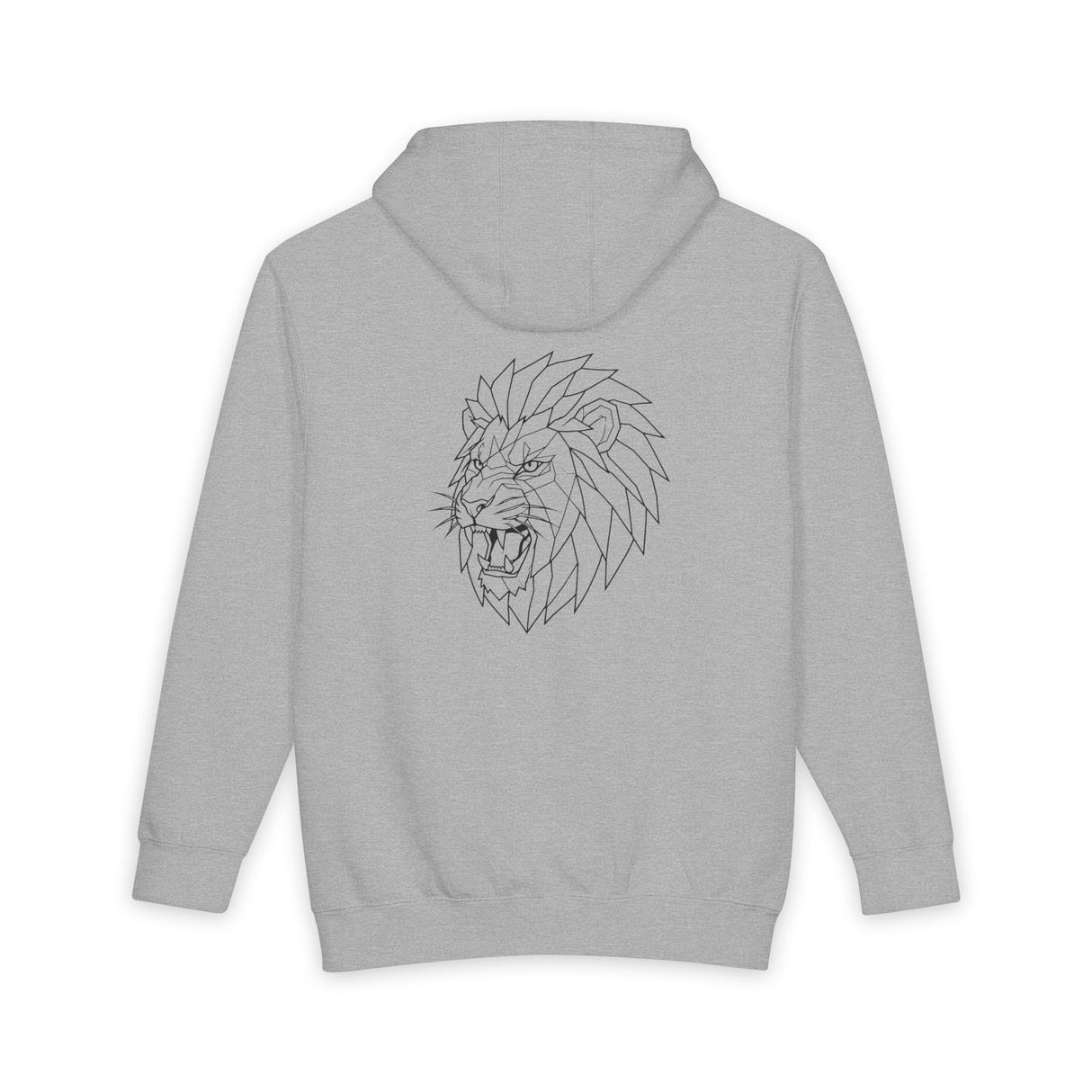 Gray lion hoodie from Printify's geometric animal series featuring the slogan "King Is a Standard. Not a Title."