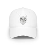 White cap with an owl design on a white background