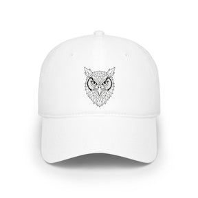 White cap with an owl design on a white background