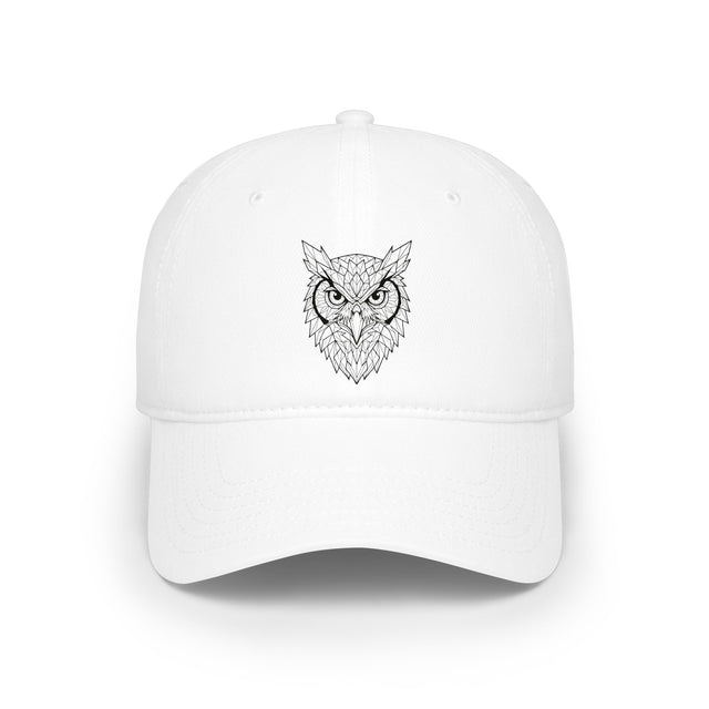 White cap with an owl design on a white background