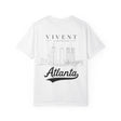 White t-shirt with 'Vivent Clothing' and 'Atlanta' text on a white background