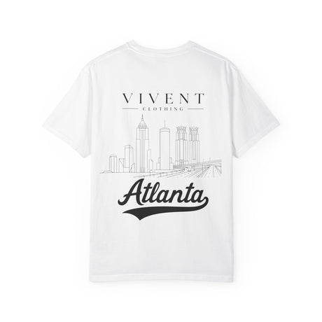 White t-shirt with 'Vivent Clothing' and 'Atlanta' text on a white background