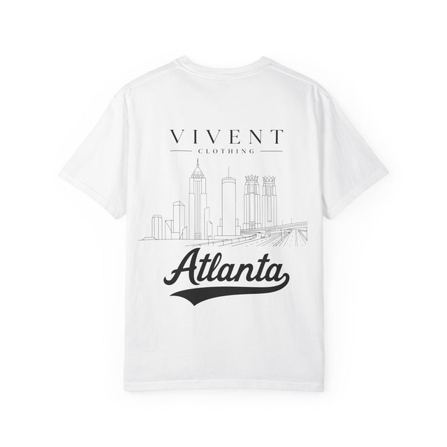 White t-shirt with 'Vivent Clothing' and 'Atlanta' text on a white background