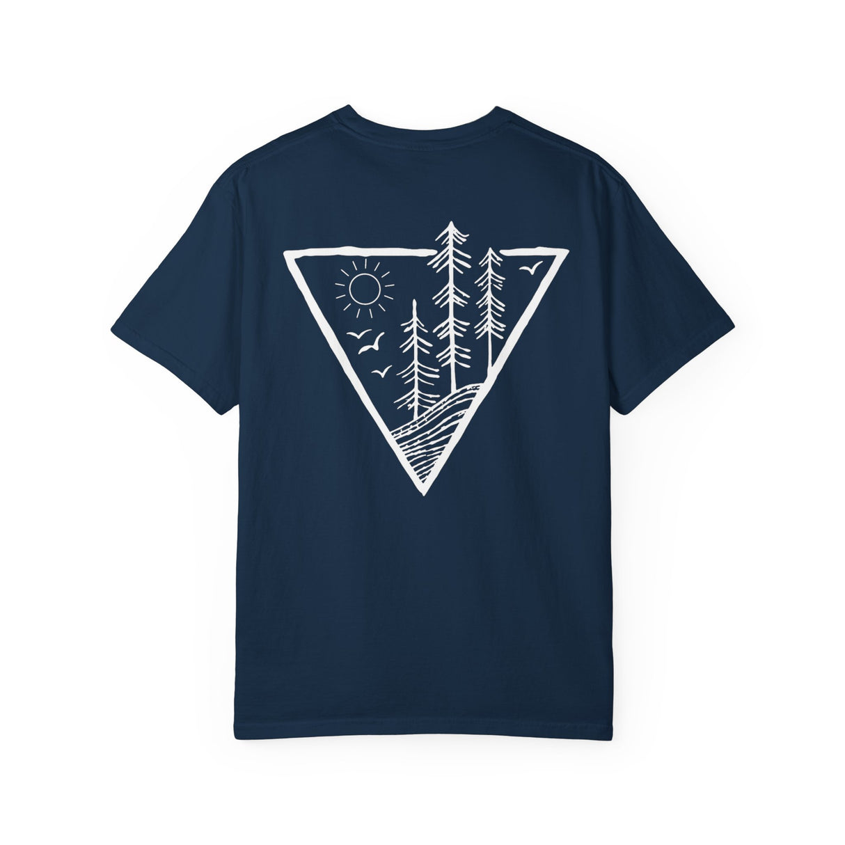 Forest Tee T-shirt from the Nature Series by Printify featuring a "Deep Roots. High Rise." design with forest and tree imagery.