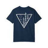 Forest Tee T-shirt from the Nature Series by Printify featuring a "Deep Roots. High Rise." design with forest and tree imagery.