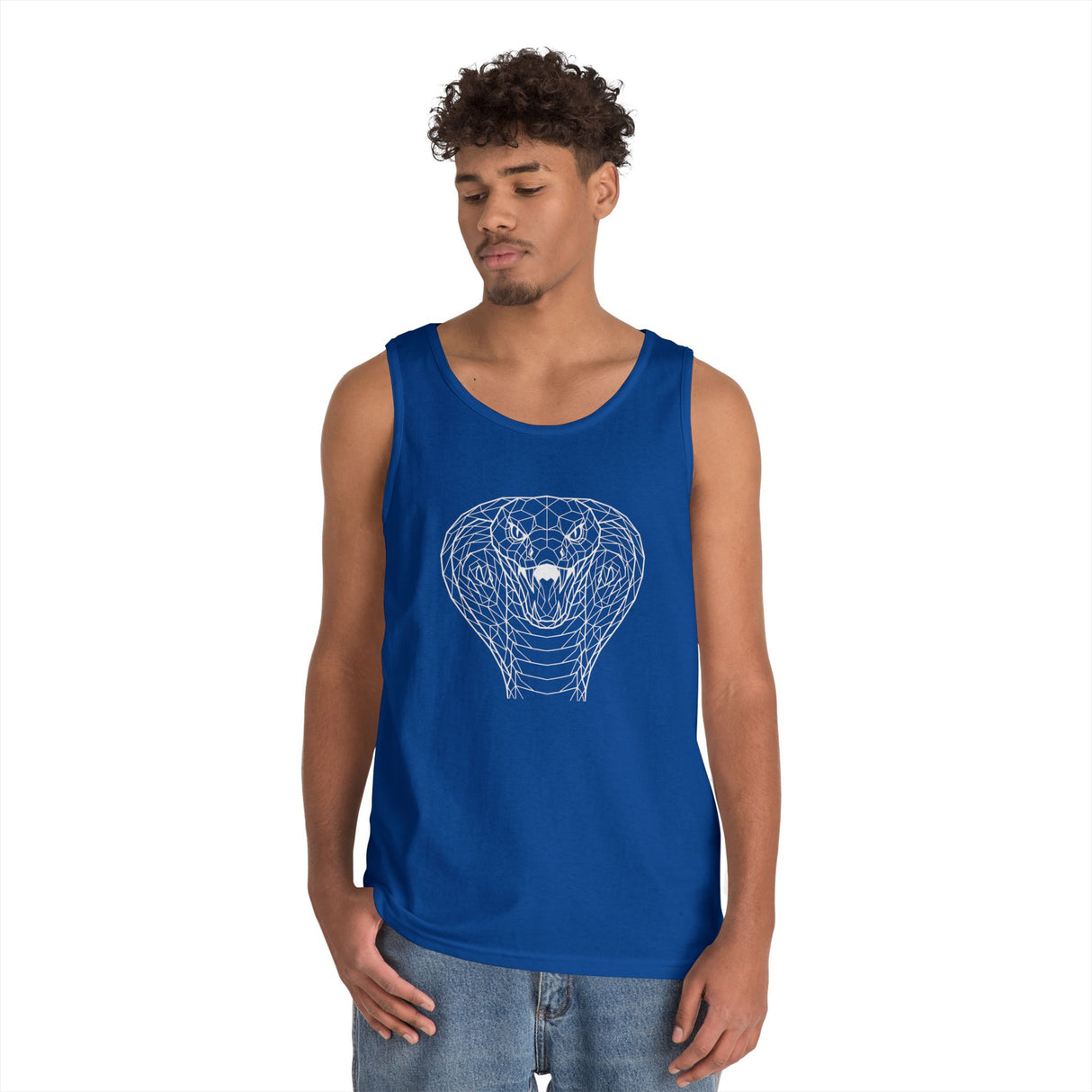 Cobra Tank Top from Printify's Geometric Animal Series featuring a sleek snake design and the phrase "Patience is the Deadliest Weapon."