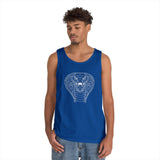 Cobra Tank Top from Printify's Geometric Animal Series featuring a sleek snake design and the phrase "Patience is the Deadliest Weapon."