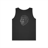 Lion Tank Top featuring geometric lion design and the quote "King Is a Standard. Not a Title" on a black fabric.