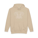 Gray elephant hoodie from Printify's Geometric Animal Series featuring "Thick Skin. Soft Heart." design, soft fabric and cozy fit.