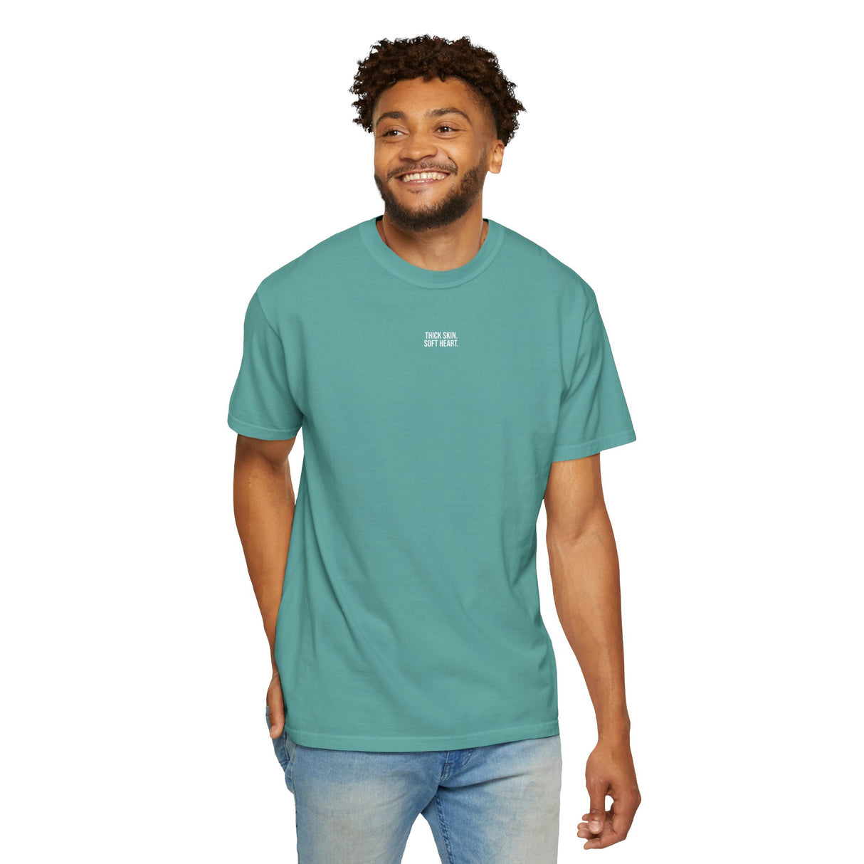 Printify elephant graphic T-shirt featuring geometric elephant design with "Thick Skin. Soft Heart." slogan on soft cotton fabric.