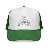 Printify Road Trip Trucker Hat from the Nature Series featuring the quote "Nowhere to Be. Everywhere to Go." with mesh back and logo.