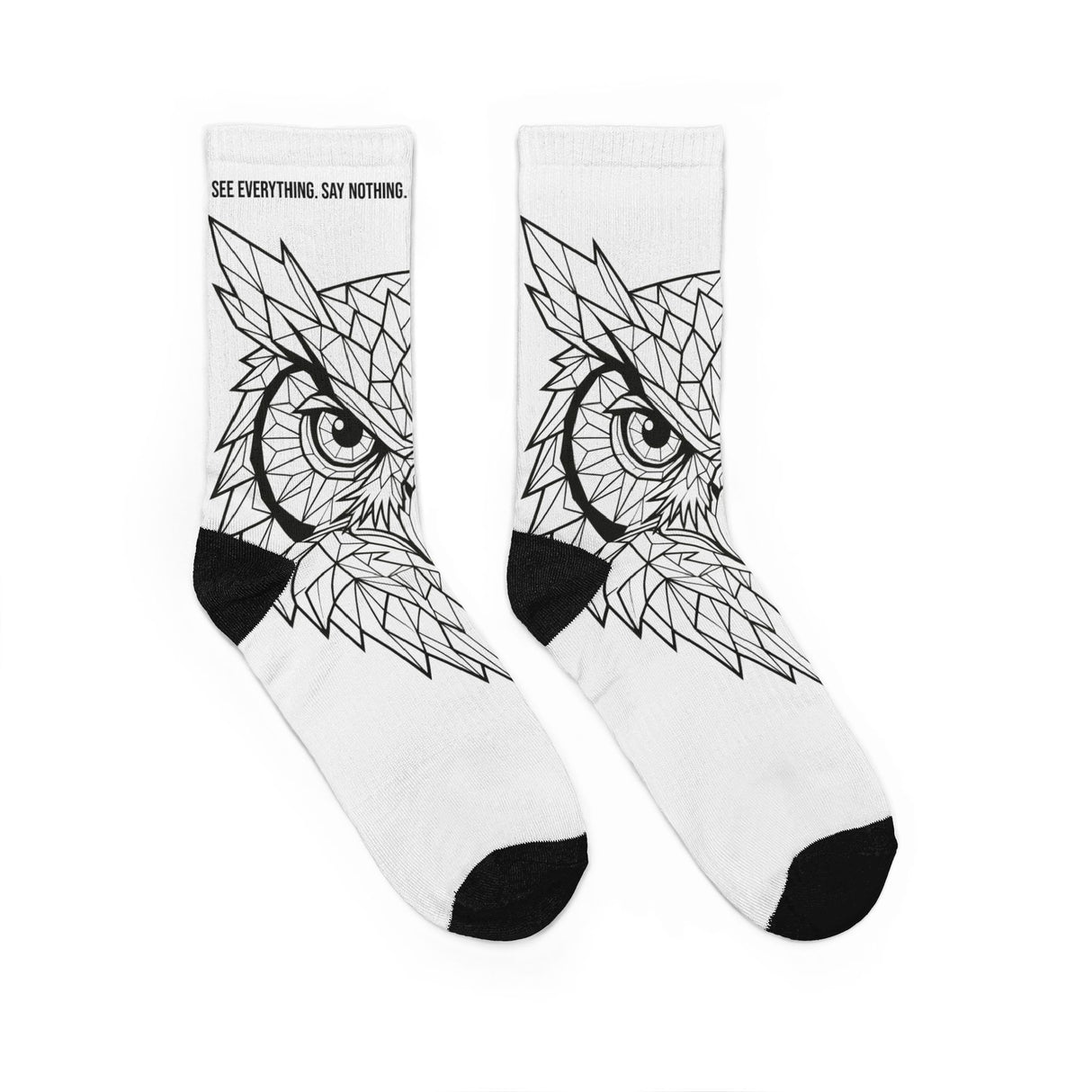 White socks with black owl design and text on a white background