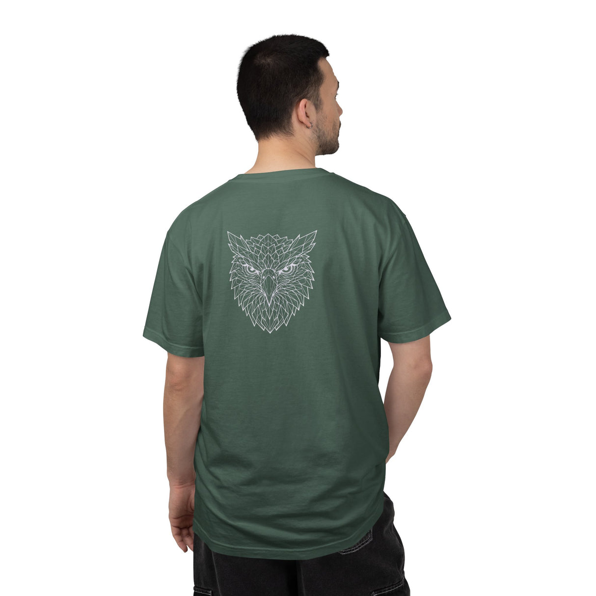 Black Eagle graphic t-shirt from Printify's geometric animal series with "Rise Above Everything" slogan, casual unisex design.