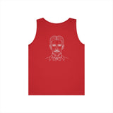 N. Tesla Tank Top by Printify featuring energy, frequency, and vibration quote from the Visionaries Series, shown on a casual tank top.