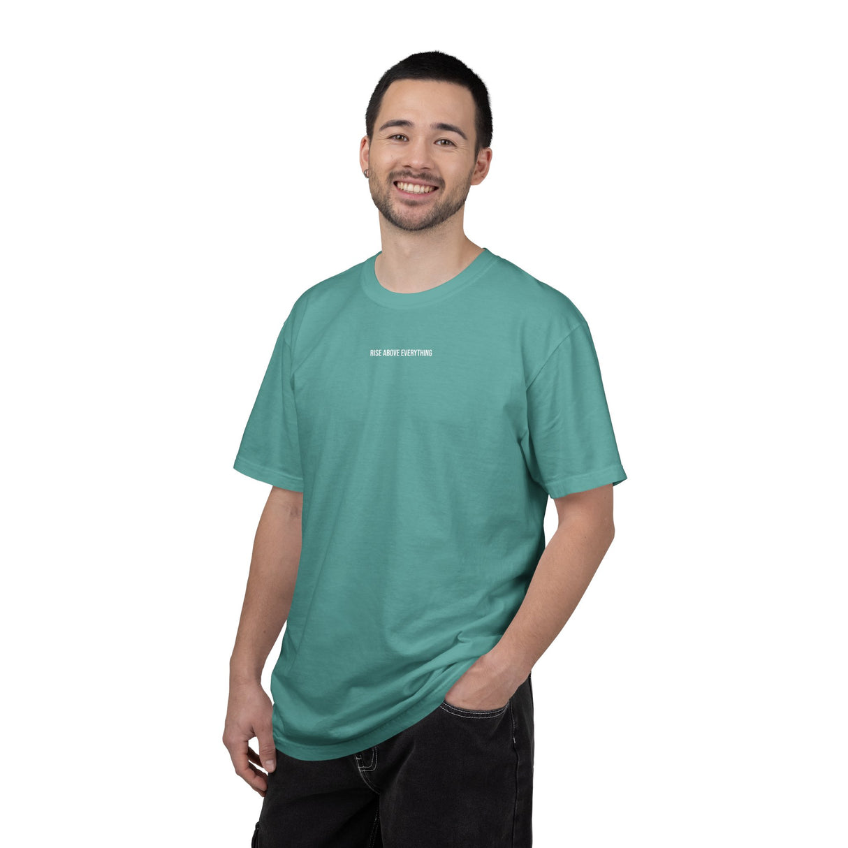 Eagle graphic T-shirt from Printify featuring geometric eagle design and the phrase "Rise Above Everything."