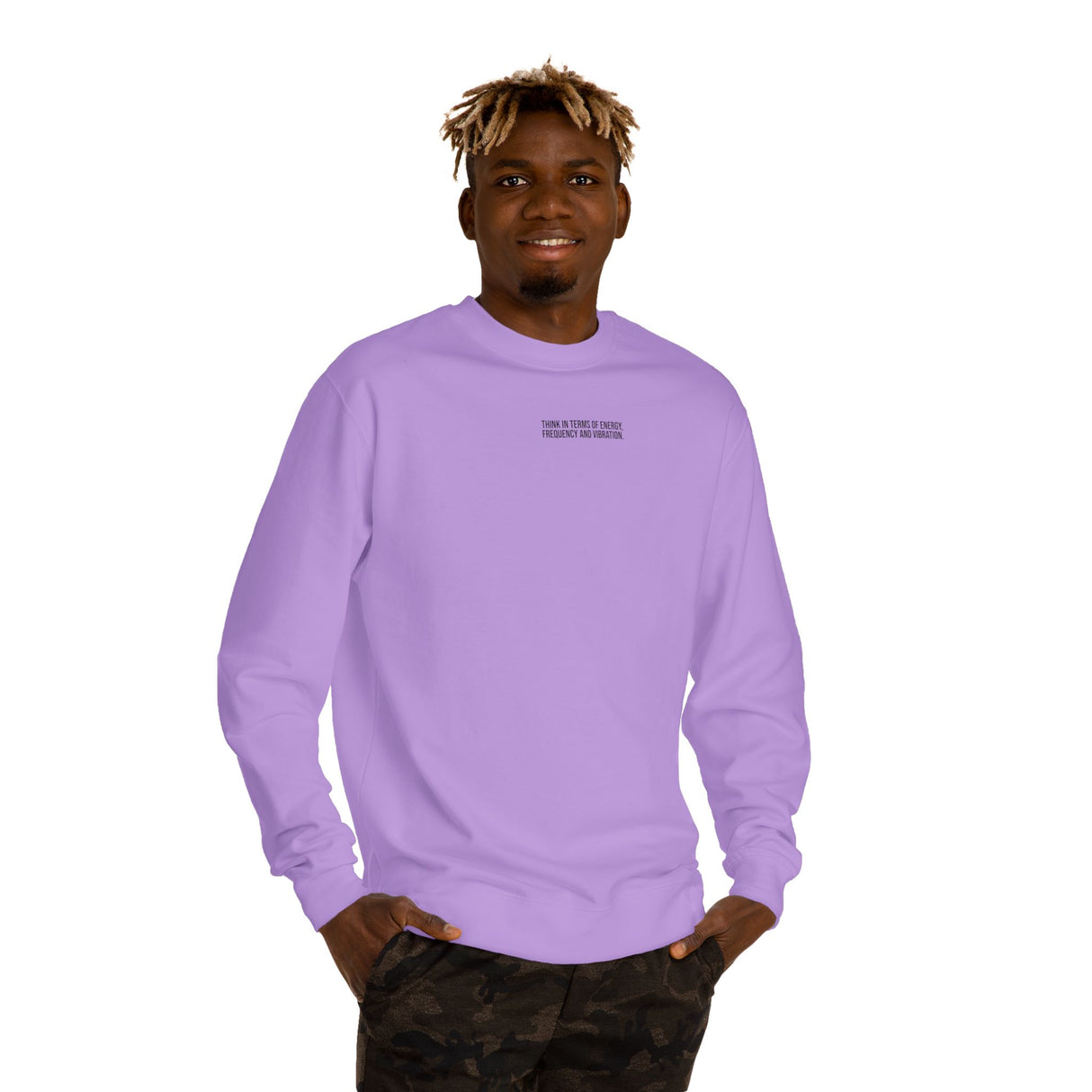 N. Tesla sweatshirt featuring motivational quote about energy, frequency, and vibration from the Visionaries Series by Printify.