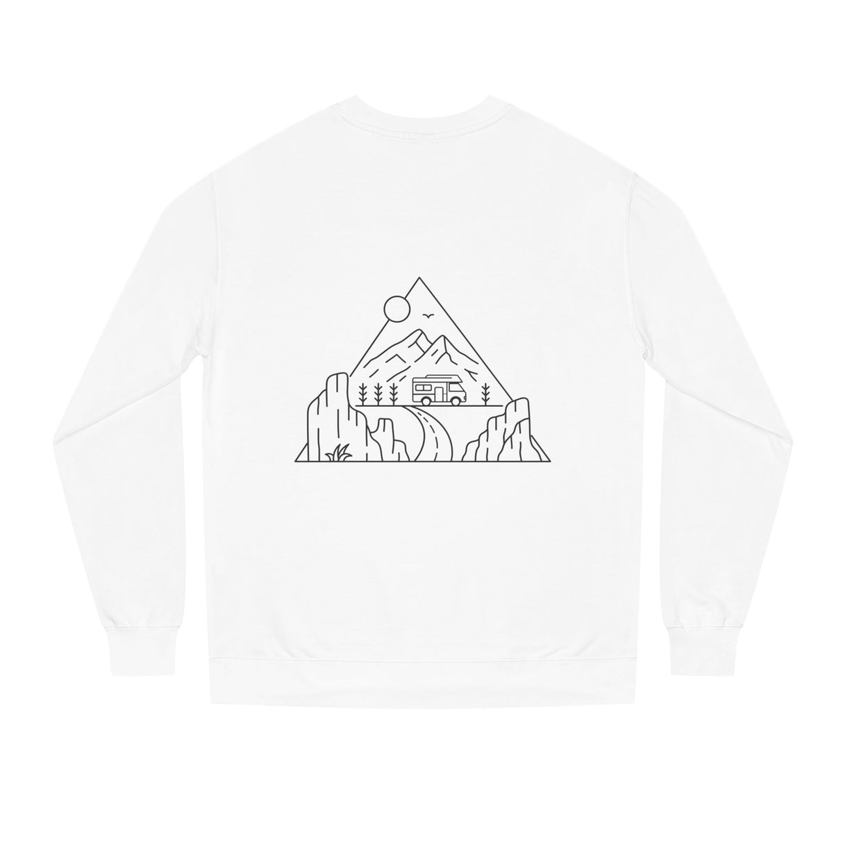 Gray Road Trip sweatshirt from the Nature Series by Printify featuring the quote "Nowhere to Be. Everywhere to Go." displayed on the front.