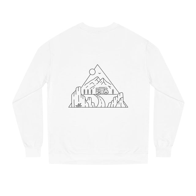 Gray Road Trip sweatshirt from the Nature Series by Printify featuring the quote "Nowhere to Be. Everywhere to Go." displayed on the front.