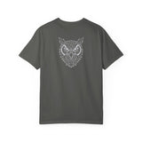 Gray owl graphic T-shirt from Printify featuring geometric animal design and the quote "See Everything. Say Nothing."