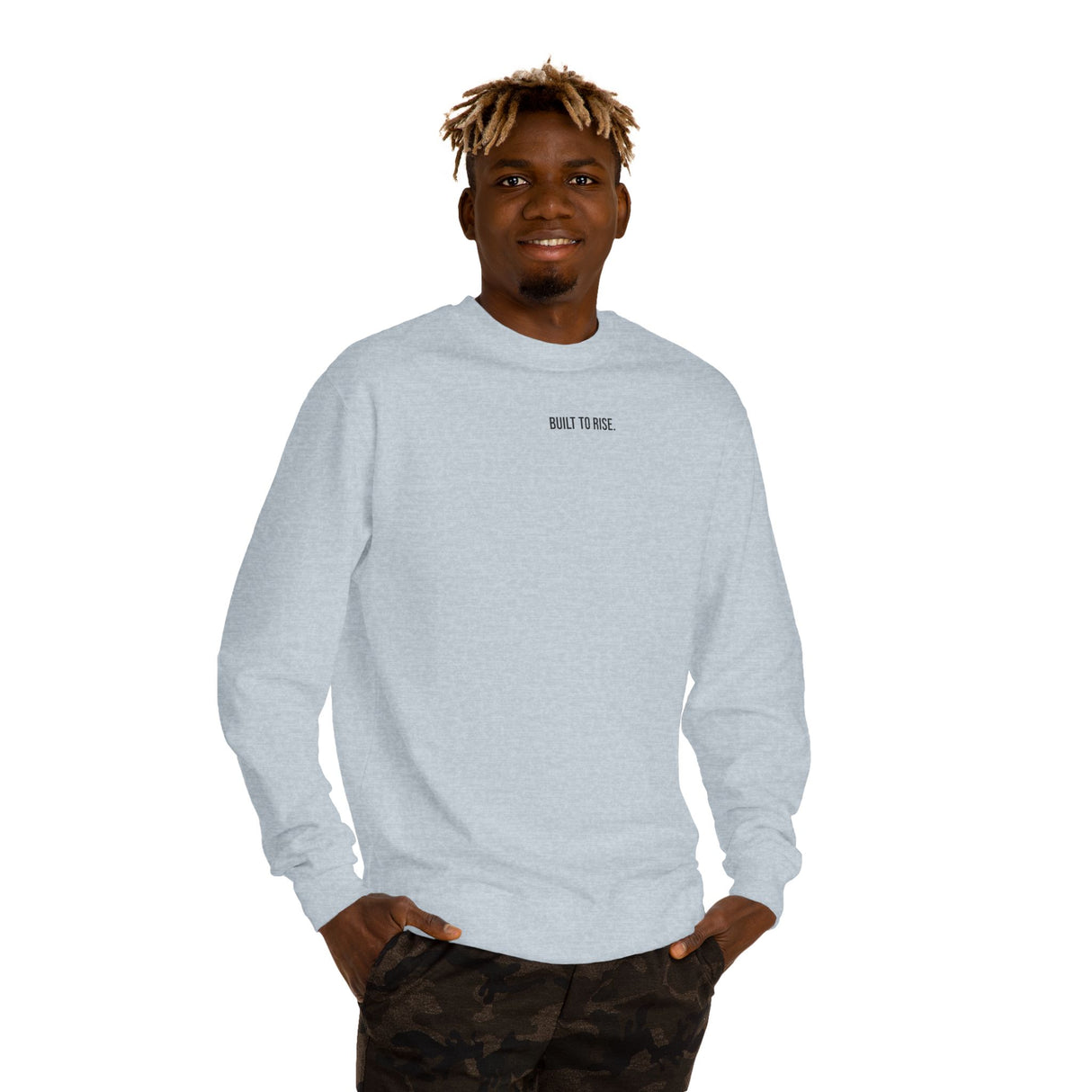 Printify Peak Sweatshirt from the Nature Series featuring "Built to Rise" design, cozy fabric, and casual fit.