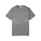 Printify Mountain Tee T-shirt from the Nature Series featuring a mountain graphic and the slogan "Built by Nature. Shaped by Choice."