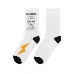 All-over print N. Tesla crew socks from the Visionaries Series featuring energy, frequency, and vibration design in vibrant colors.