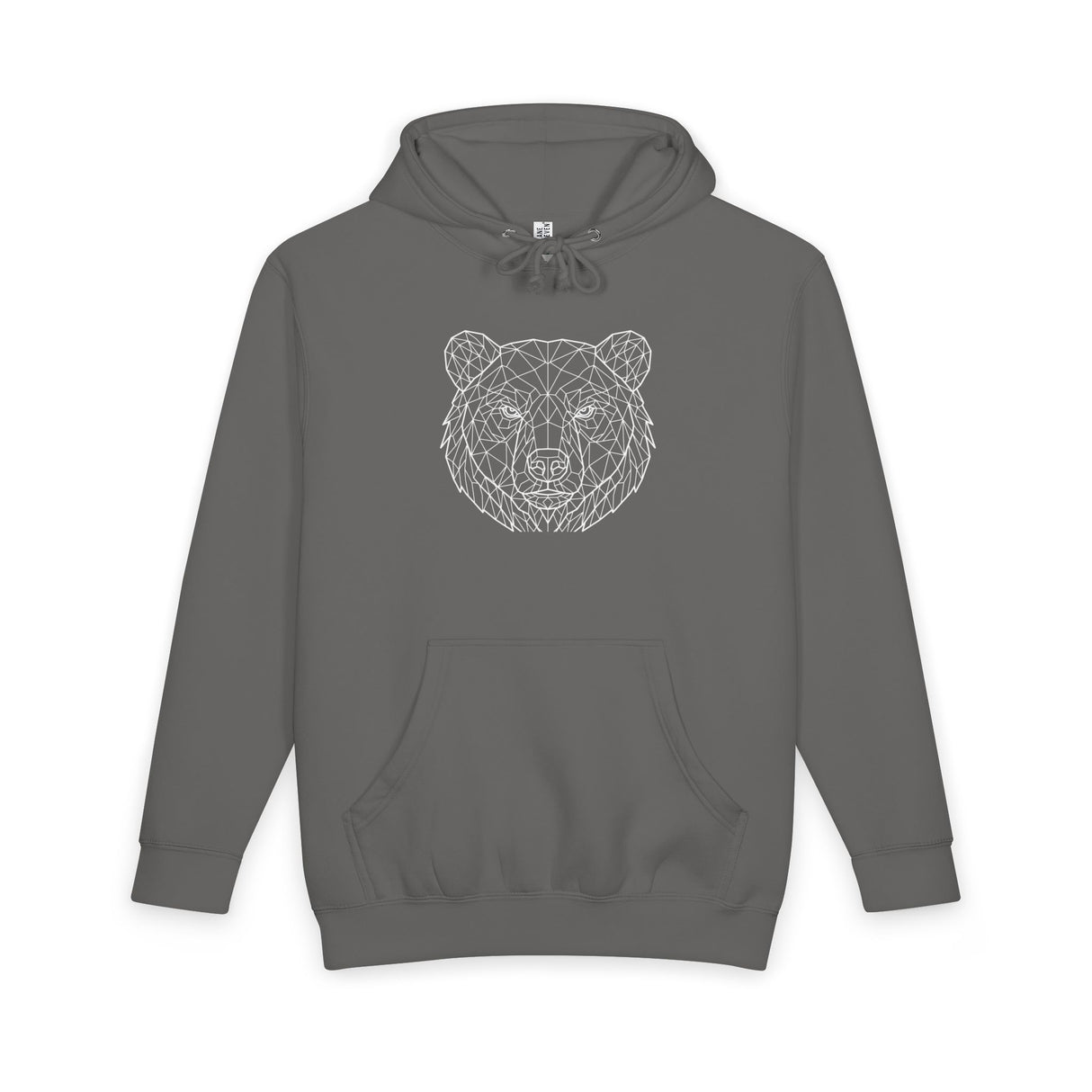 Gray bear hoodie from Printify's geometric animal series featuring "Unbothered. Unmoved. Undefeated." design on the front.