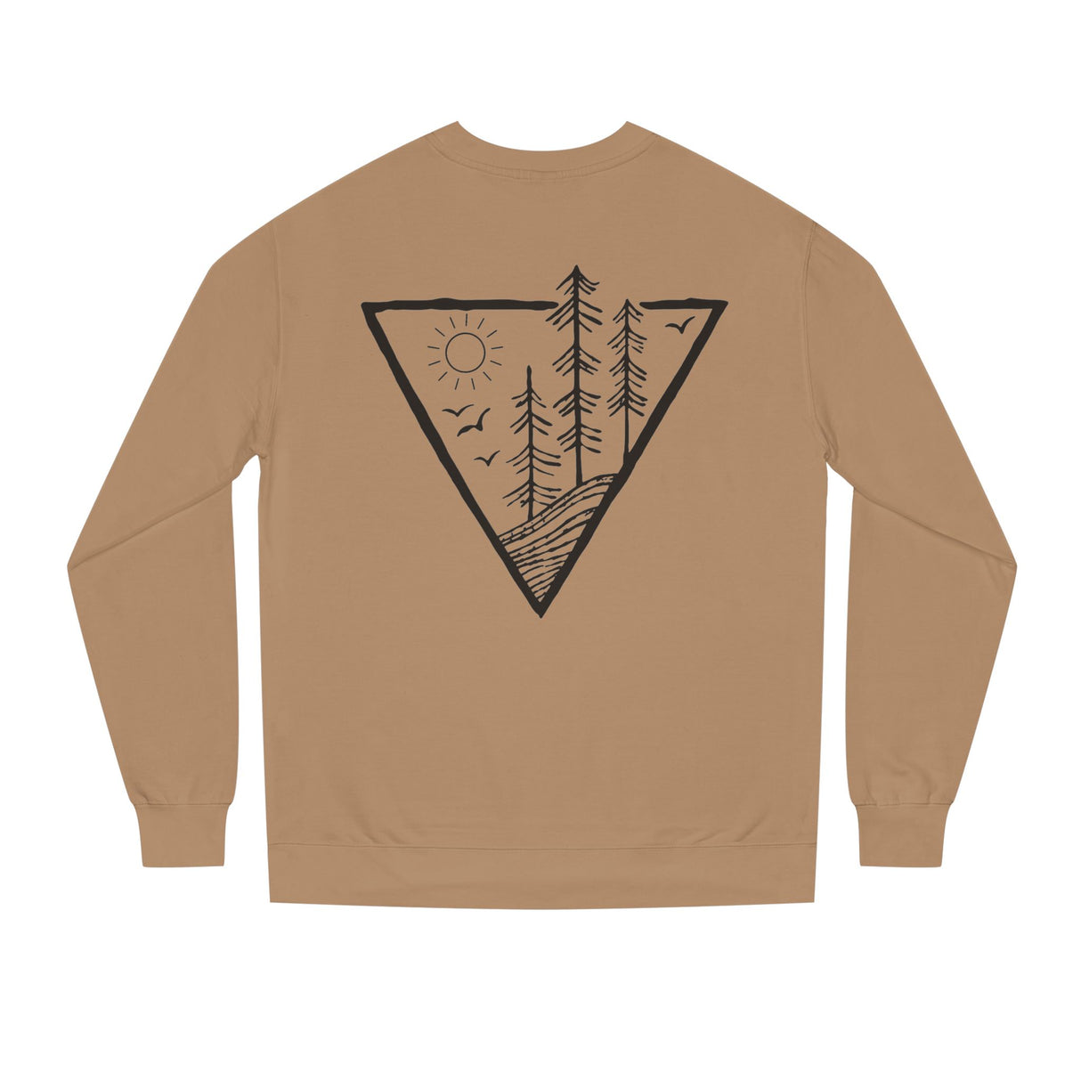 Forest Sweatshirt from Printify's Nature Series featuring a "Deep Roots. High Rise." design, made of comfortable fabric in a natural style.