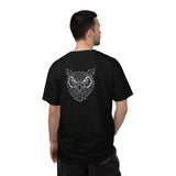 Gray owl graphic T-Shirt from Printify featuring geometric animal design and the quote "See Everything. Say Nothing."
