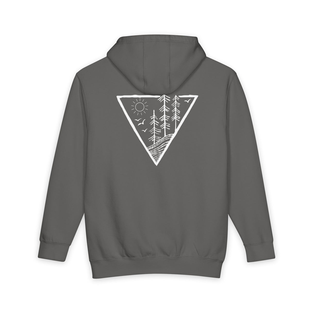 Gray hoodie with a white triangle design on the back featuring trees, sun, and birds.