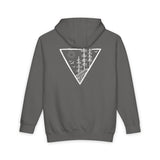 Gray hoodie with a white triangle design on the back featuring trees, sun, and birds.