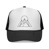 Printify Peak Trucker Hat from the Nature Series featuring "Built to Rise" slogan, with mesh back and curved brim.