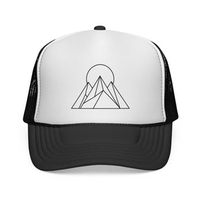 Printify Peak Trucker Hat from the Nature Series featuring "Built to Rise" slogan, with mesh back and curved brim.