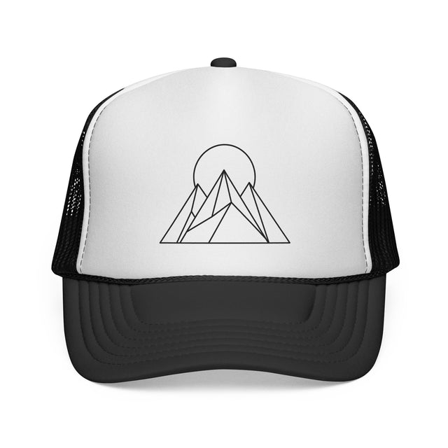 Printify Peak Trucker Hat from the Nature Series featuring "Built to Rise" slogan, with mesh back and curved brim.
