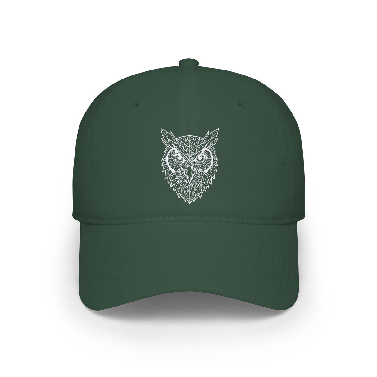 Navy blue cap with white text on a white background