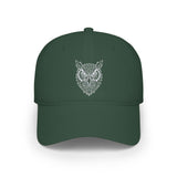Navy blue cap with white text on a white background