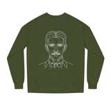 N. Tesla sweatshirt from the Visionaries Series by Printify featuring the quote "Think in Terms of Energy, Frequency and Vibration."