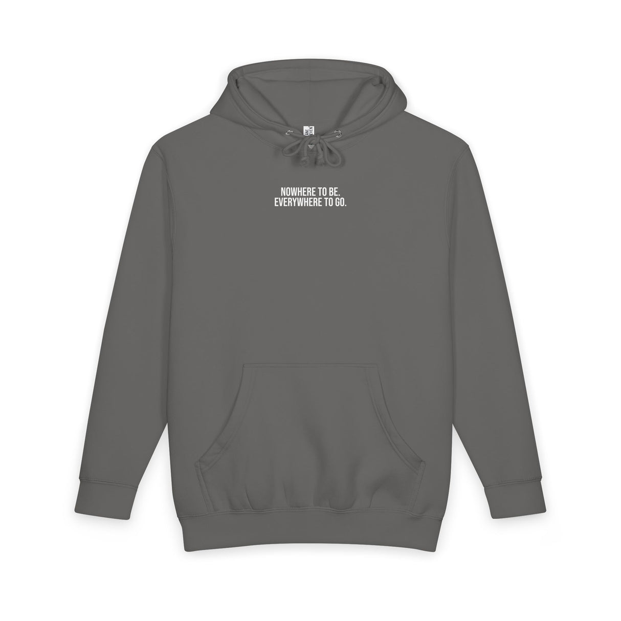 Light gray Road Trip hoodie featuring "Nowhere to Be. Everywhere to Go." print from the Nature Series by Printify.
