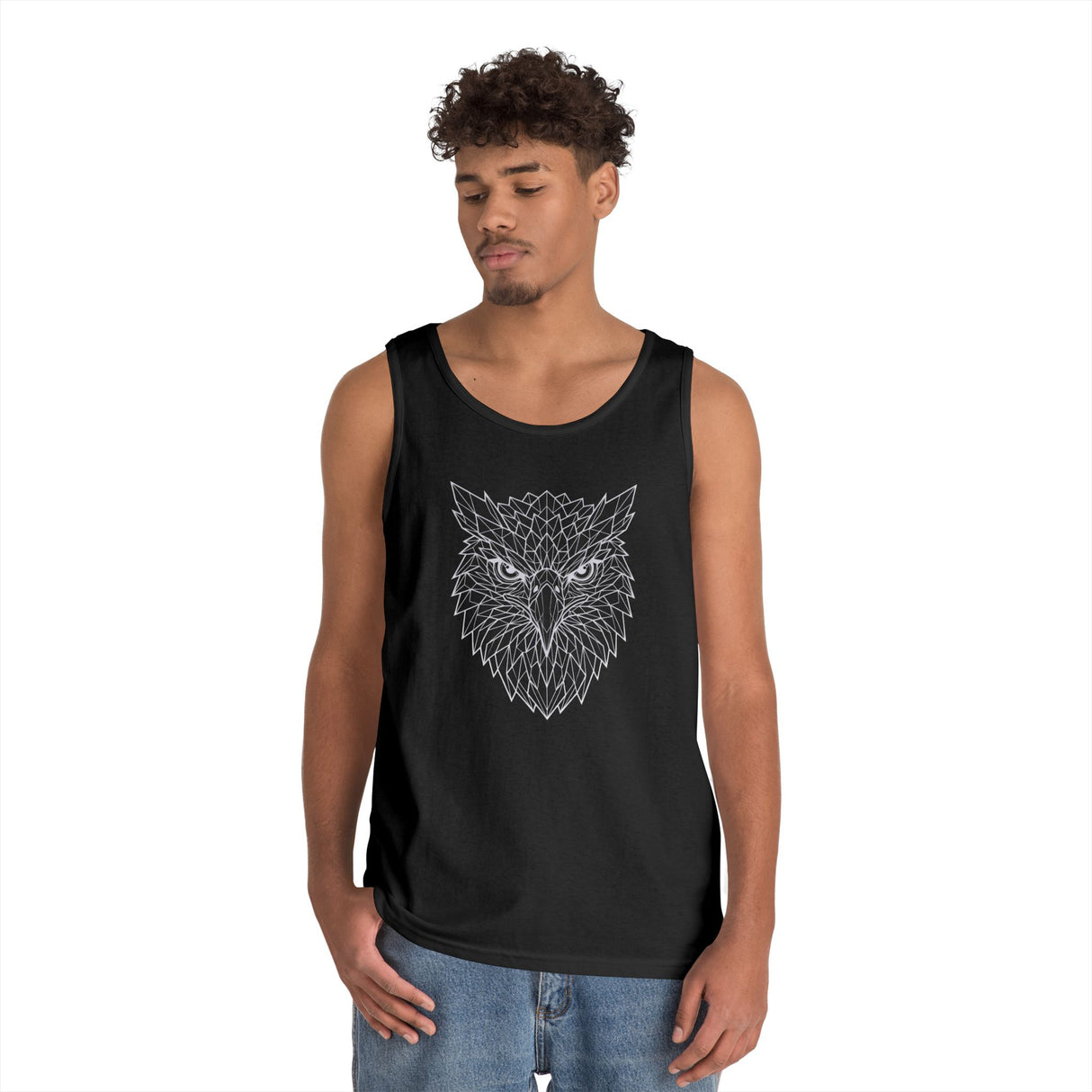 Eagle Tank Top from Printify's Geometric Animal Series featuring a stylized eagle design on a sleeveless tank top.
