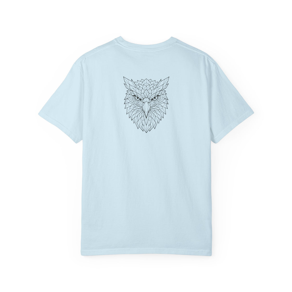 Eagle graphic T-shirt from Printify's Geometric Animal Series featuring a stylized eagle design and the phrase "Rise Above Everything".