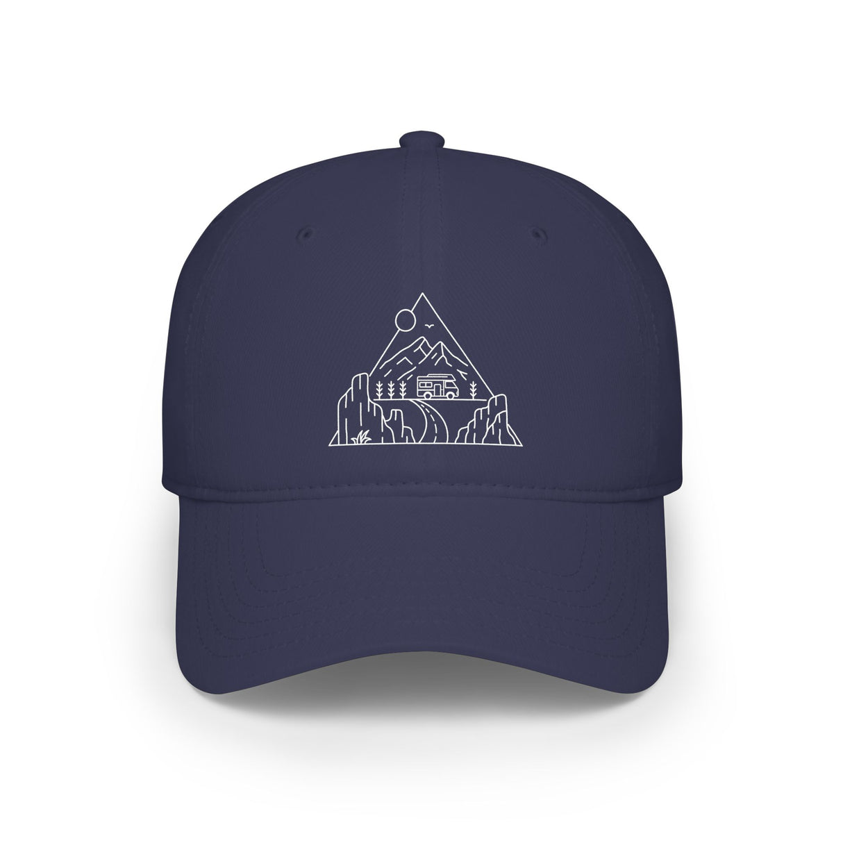 Road Trip Baseball Cap from Nature Series by Printify featuring a casual hat with "Nowhere to Be. Everywhere to Go." slogan in outdoor style